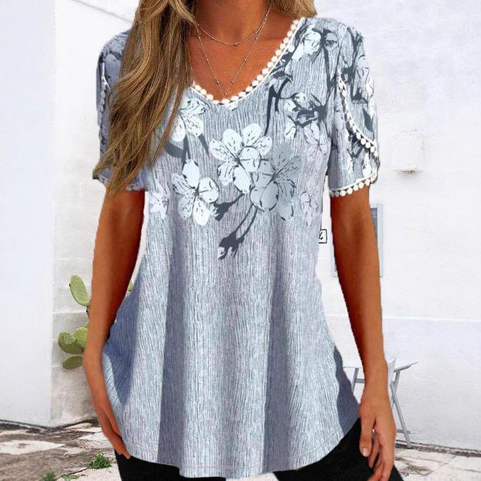 Damen nan legeres V-Ausschnitt-Tunikashirt mit floralem Muster und Pomponbesatz EB