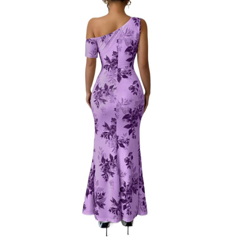 Damen Maxikleid mit asymmetrischem Ausschnitt und floralen Mustern EB