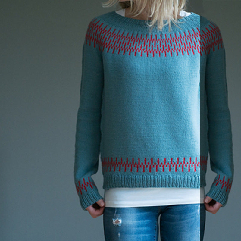Damen nan gemusterter Norwegerstrickpullover mit weitem Rundhalsausschnitt und lässigem Oversize-Schnitt EB