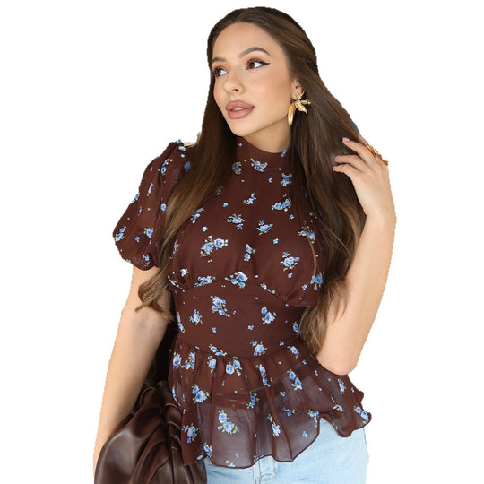 Damen Bluse mit floralem Design und Volantabschluss EB