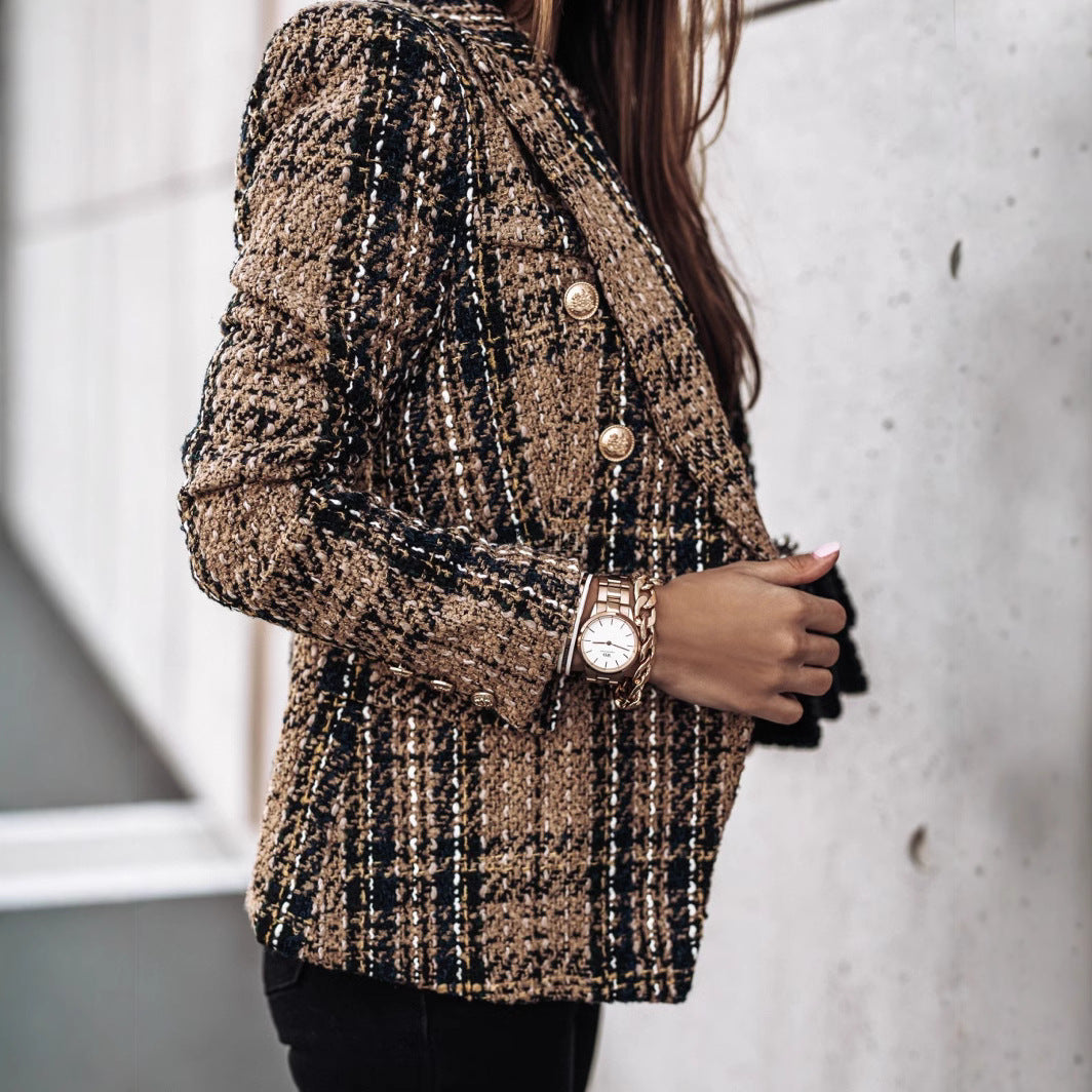 Damen Modischer Tweed-Blazer mit doppelter Knopfleiste und strukturiertem Gewebe EB
