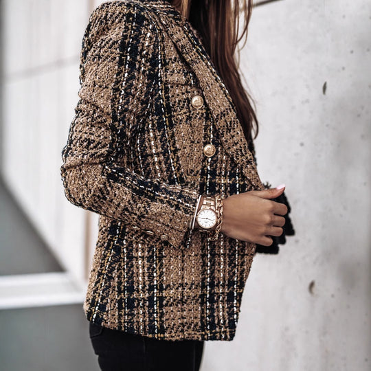 Damen Modischer Tweed-Blazer mit doppelter Knopfleiste und strukturiertem Gewebe EB