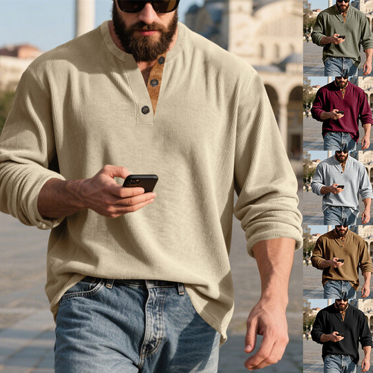 Herren nan langärmeliges Henleyshirt aus strukturierter Baumwollmischung mit Zierknopfleiste EB