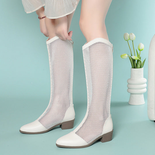 Damen Modische Stiefel mit transparentem Netzdesign und komfortablem Blockabsatz EB