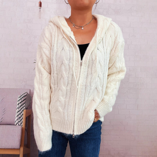 Damen kuschelige Grobstrickjacke mit Kapuze und Reißverschluss EB