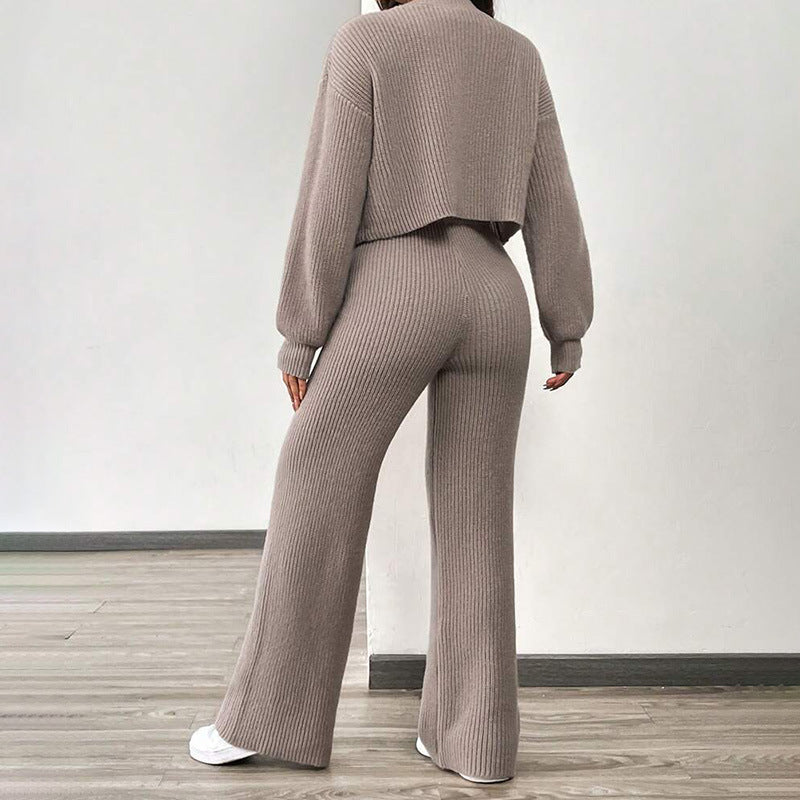 Damen Set aus weichem Strick mit lässiger Hose und Crop-Cardigan EB