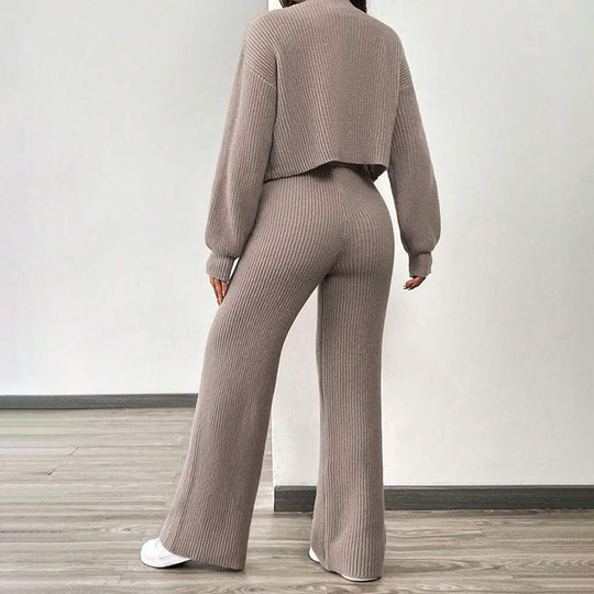 Damen Set aus weichem Strick mit lässiger Hose und Crop-Cardigan EB