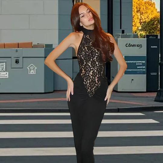 Damen Elegantes Spitzen-Maxikleid mit tiefem V-Ausschnitt und figurbetontem Schnitt EB