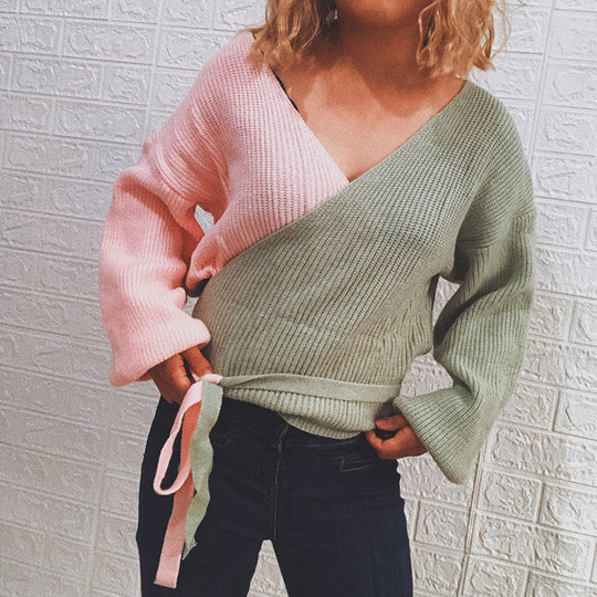 Damen Wickelpullover mit elegantem Rippdesign und modischen Bindebändern EB