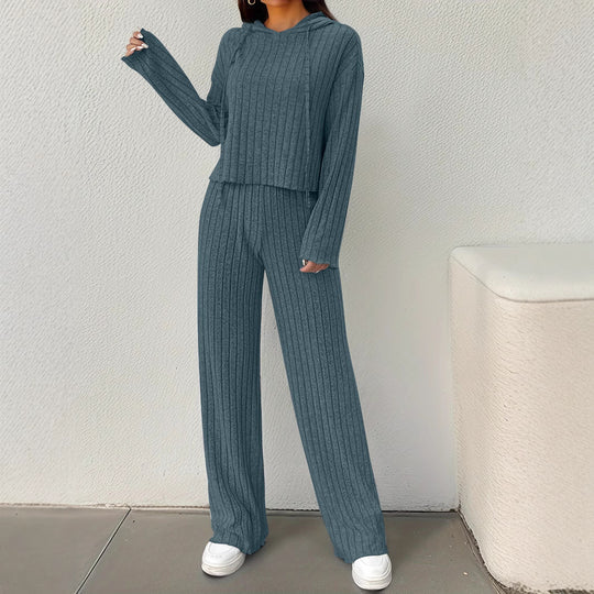 Damen lässiges Strick-Lounge-Set mit Kapuze und weitem Schnitt EB