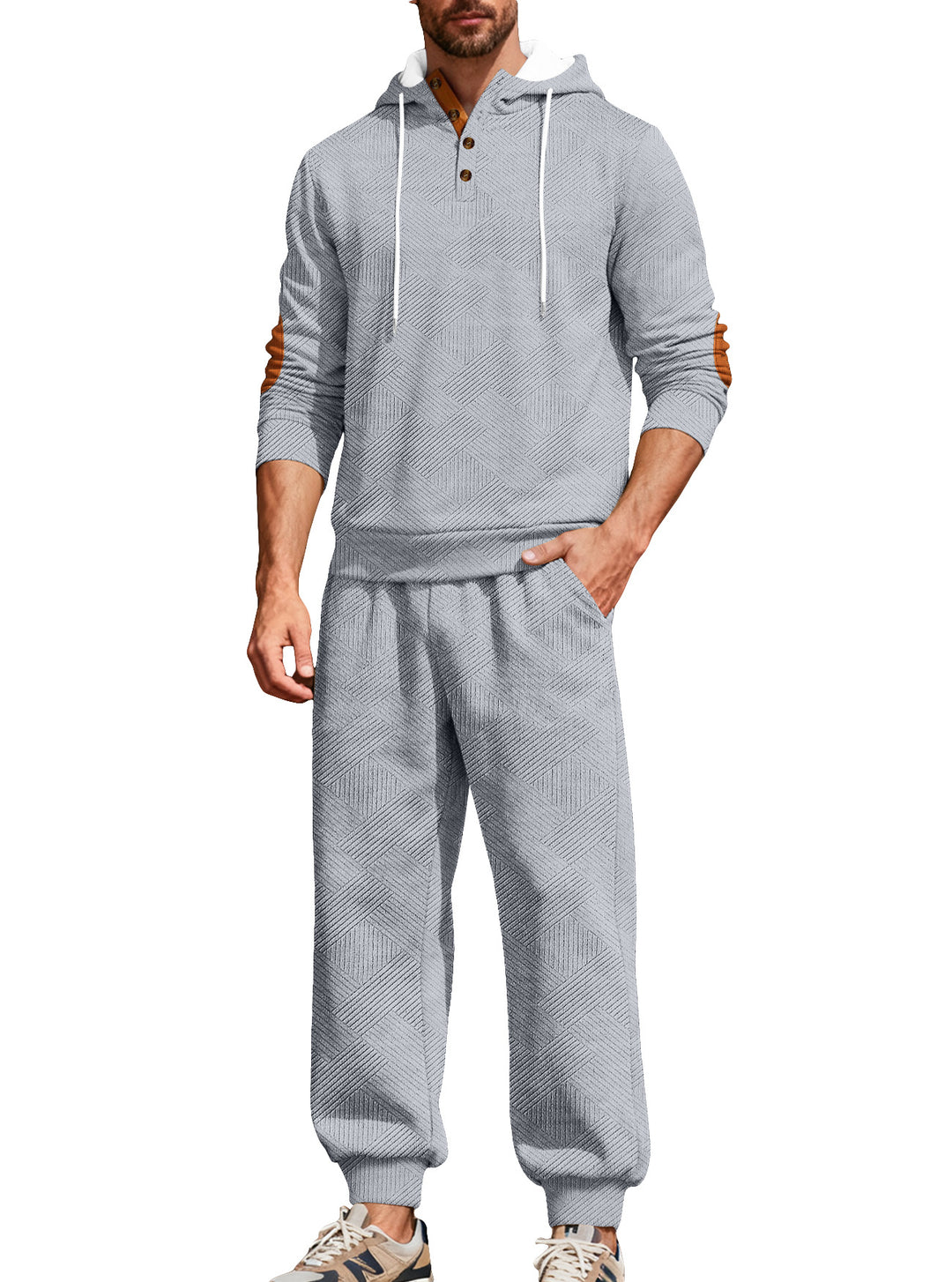 Herren nan strukturiertes Kapuzen-Joggingset mit Henley-Knopfleiste und Kontrast-Ellenbogenpatches EB