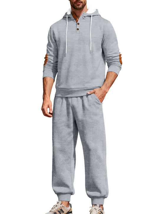 Herren nan strukturiertes Kapuzen-Joggingset mit Henley-Knopfleiste und Kontrast-Ellenbogenpatches EB