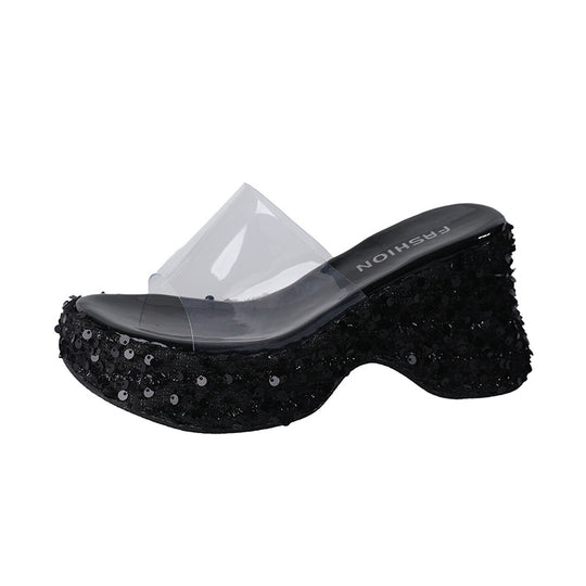 Damen Glamouröse Plattform-Mules mit glitzerndem Design und ergonomischer Sohle EB