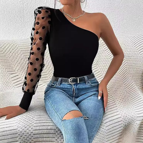 Damen Asymmetrischer Einteiler mit transparentem Puffärmel EB