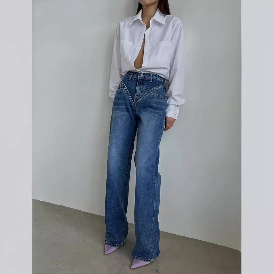 Damen nan hochgeschnittene weite Denim-Hose mit V-förmiger Bundnaht und extra-langem Bein EB