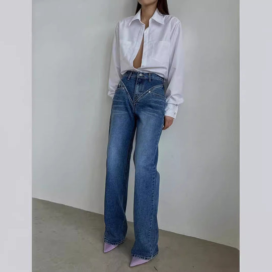 Damen nan hochgeschnittene weite Denim-Hose mit V-förmiger Bundnaht und extra-langem Bein EB