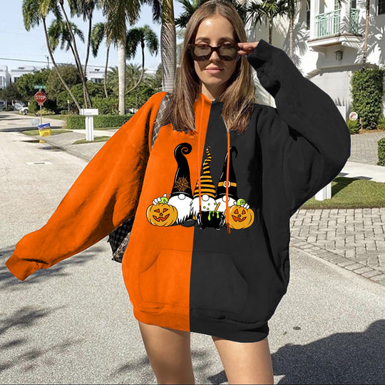 Damen nan Oversize Kapuzenpullover mit geteilter Block‑Optik und Halloween‑Wichtelprint EB