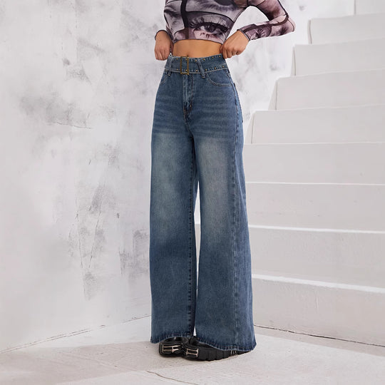 Damen Weite Denim-Hose mit hoch tailliertem Bund und modischen Schnallen EB