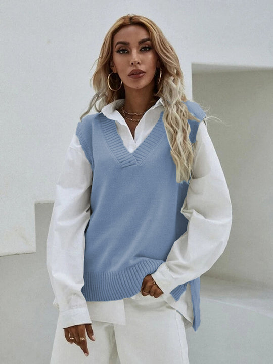Damen Strickweste mit V-Ausschnitt und breitem Rippdesign EB