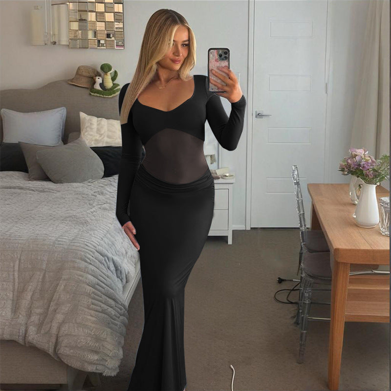 Damen Figurbetontes Maxikleid mit transparenten Mesh-Einsätzen und tailliertem Stretchrock EB