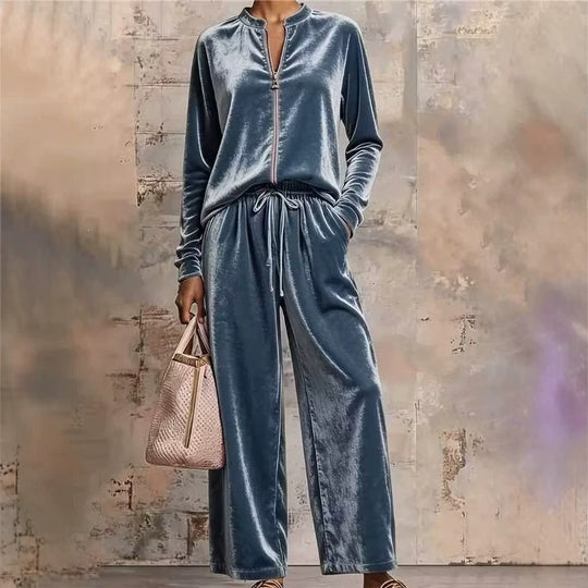 Damen nan samtiges Lounge-Set mit Stehkragen Reißverschlussoberteil und Kordelbundhose EB