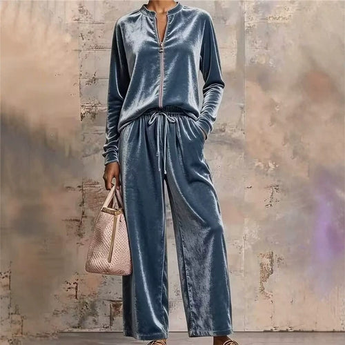 Damen nan samtiges Lounge-Set mit Stehkragen Reißverschlussoberteil und Kordelbundhose EB