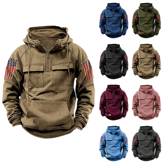 Herren nan Kapuzenpullover mit Halbzip, Cargo-Brusttaschen und Kängurutasche EB