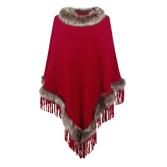 Damen eleganter Poncho mit luxuriösem Kunstfellkragen und dekadenten Fransen EB