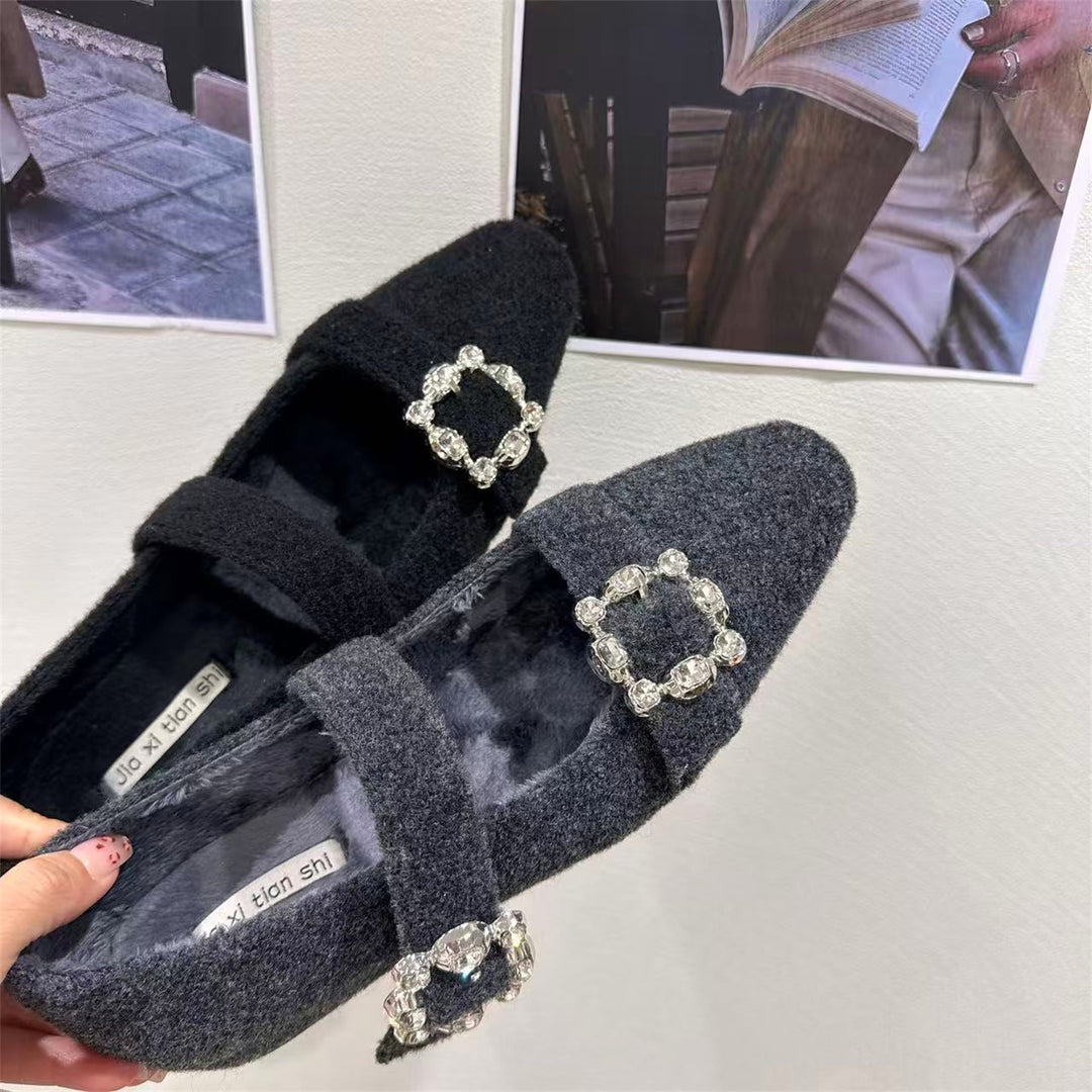 Damen elegante Filz-Mary Jane Schuhe mit schimmernden Schnallen EB