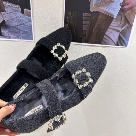 Damen elegante Filz-Mary Jane Schuhe mit schimmernden Schnallen EB