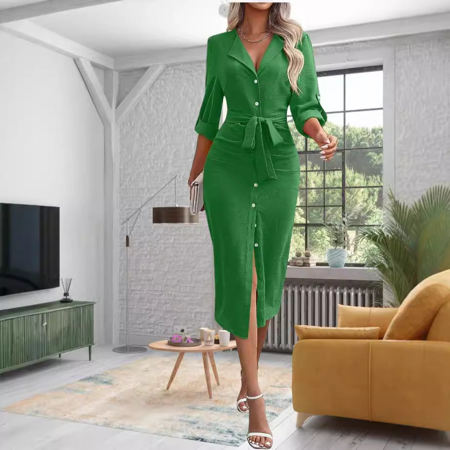 Damen Knielanges Hemdblusenkleid mit Taillengürtel EB