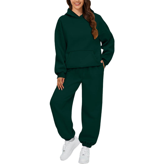 Damen nan gemütliches French-Terry Loungewear-Set mit doppellagiger Kapuze, Kängurutasche und elastischem Knöchel-Jogger EB