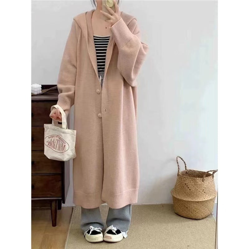 Damen Langer Strickcardigan mit Kapuze und praktischen Knöpfen EB