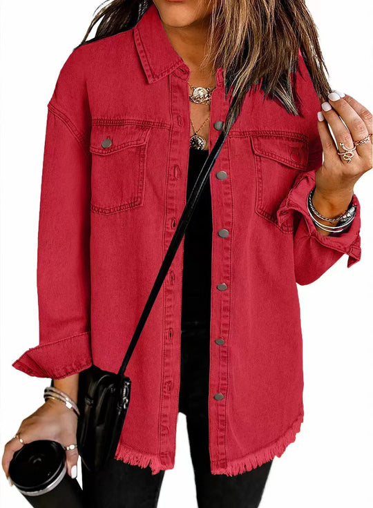 Damen Oversized Jeanshemd mit Fransen EB