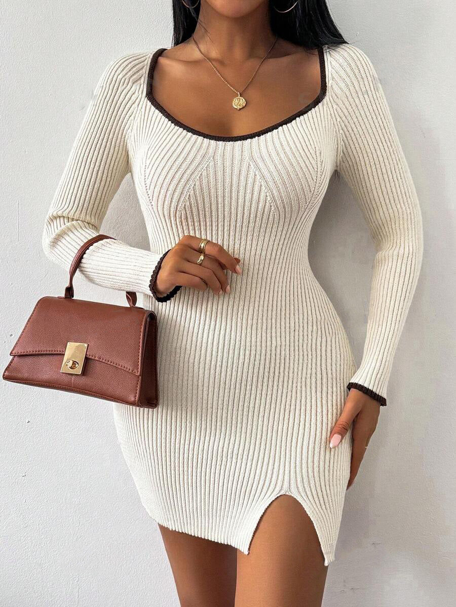 Damen figurbetontes Rippstrickkleid mit tiefem Ausschnitt und Seitenschlitz EB