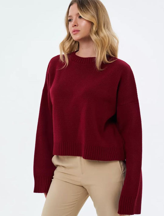Damen gemütlicher Cropped-Pullover mit lässigen Ballonärmel und Rippstruktur EB