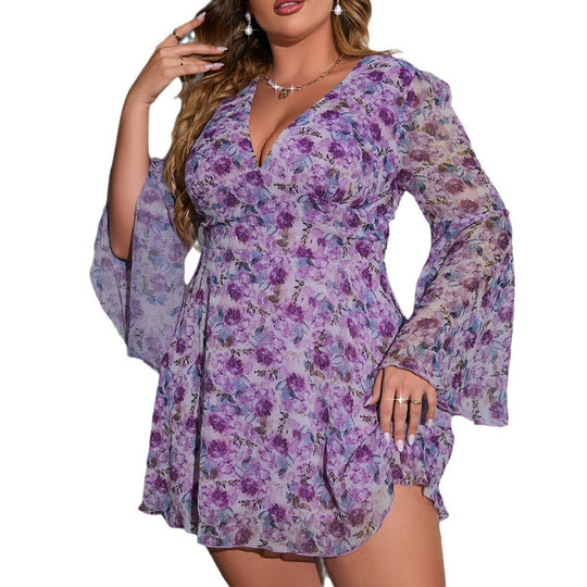Damen Verspieltes Minikleid mit floralen Mustern und weitem Ärmel EB