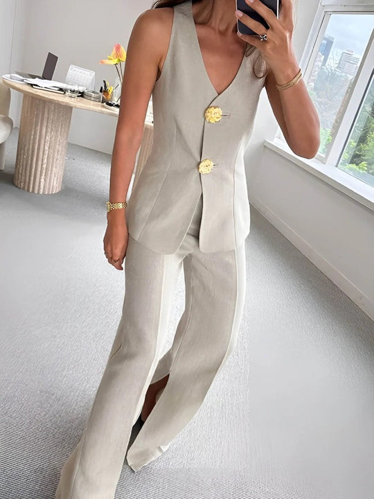 Damen elegantes Jumpsuit mit vordere Knopfleiste und weitem Bein EB