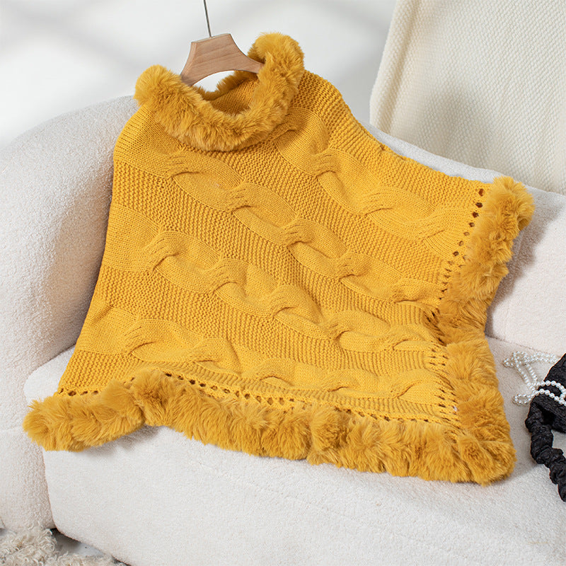 Damen kuschelige Strick-Poncho mit weichem Kunstfellbesatz und Zopfmuster EB