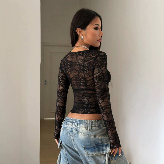 Damen nan tailliertes transparentes Spitzen-Longsleeve mit floralem Ajourmuster und Stretch EB