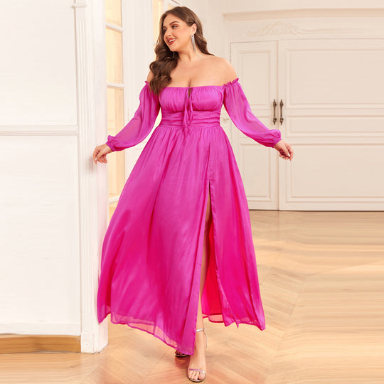 Damen Off-Shoulder Maxikleid mit hohem Schlitz und Rüschendetails EB