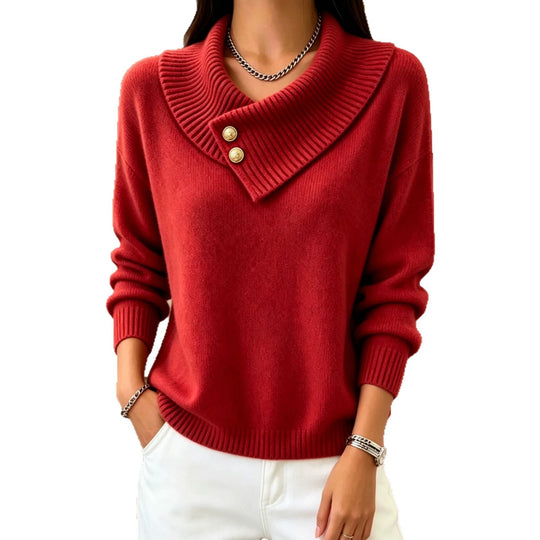 Damen Feinstrick-Pullover mit überlappendem Schalkragen und Zierknöpfen EB