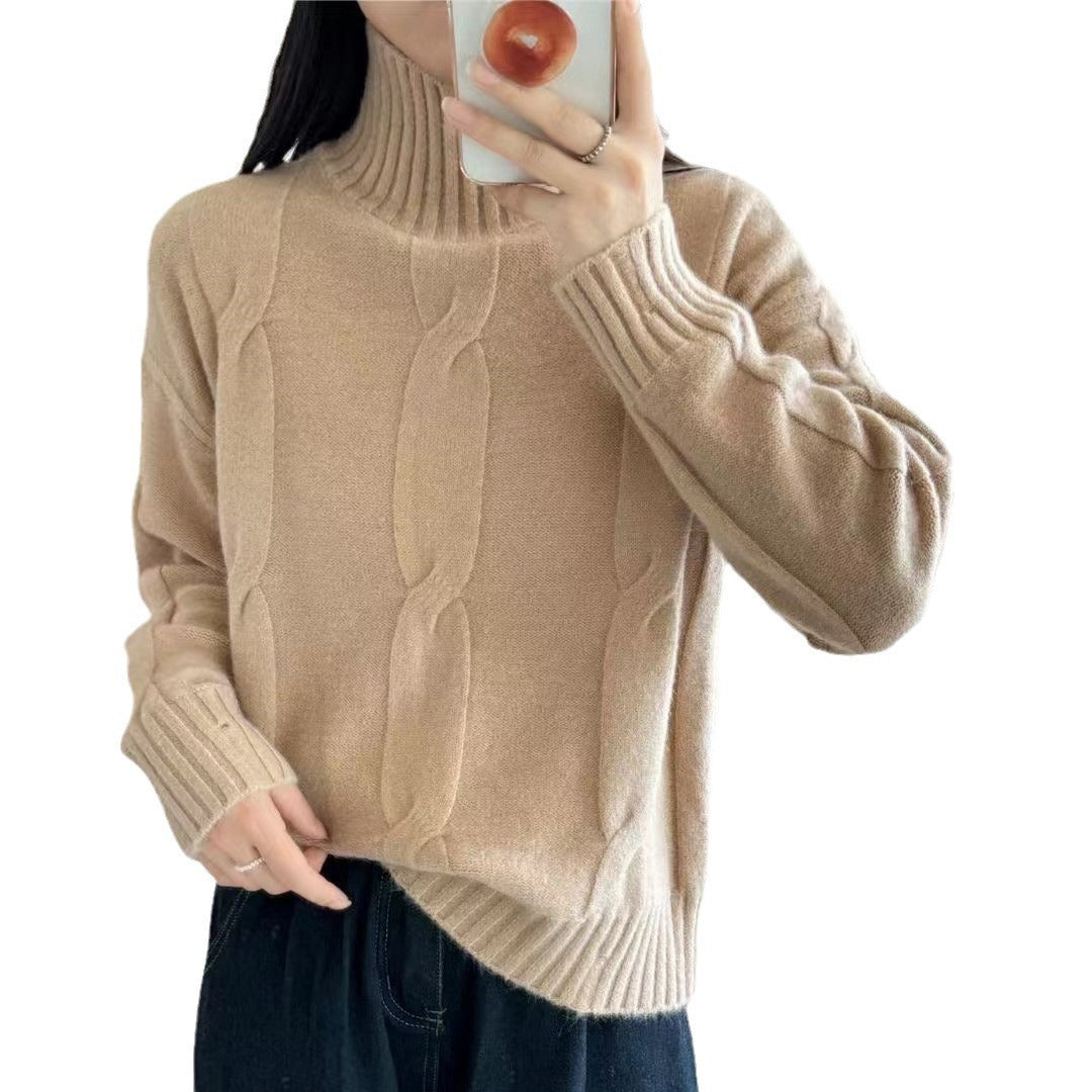 Damen Strickpullover mit hohem Kragen und Zopfmuster EB