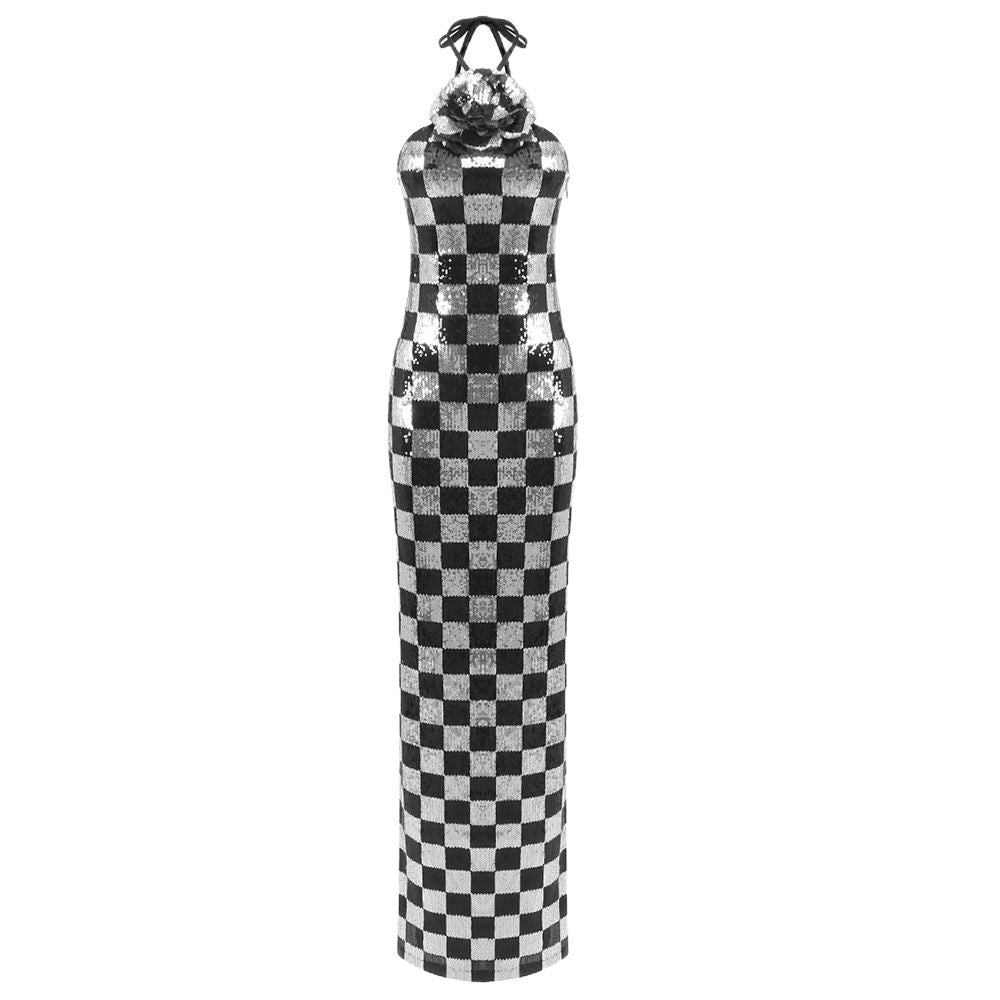 Damen Figurbetontes Schachmuster-Maxikleid mit glitzernden Pailletten EB