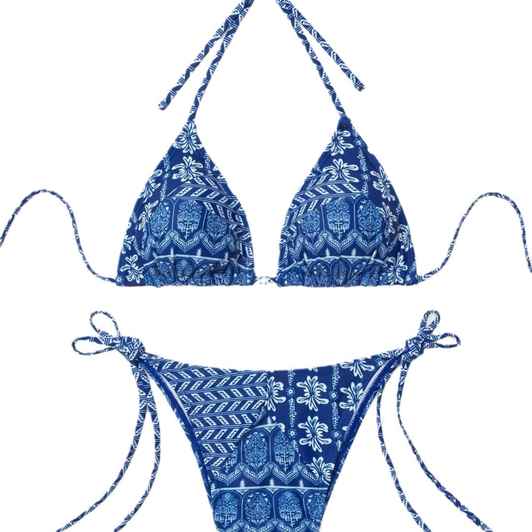 Damen Triangel-Bikini mit verspielt floralem Design und bindbaren Trägern EB