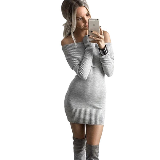 Damen Strickkleid mit Off-Shoulder-Design und dekorativem Kordelzug EB