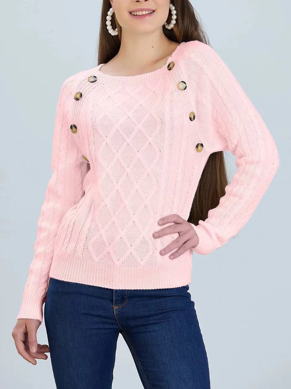 Damen Strickpullover mit klassischem Rautenmuster und dekorativen Knöpfen EB