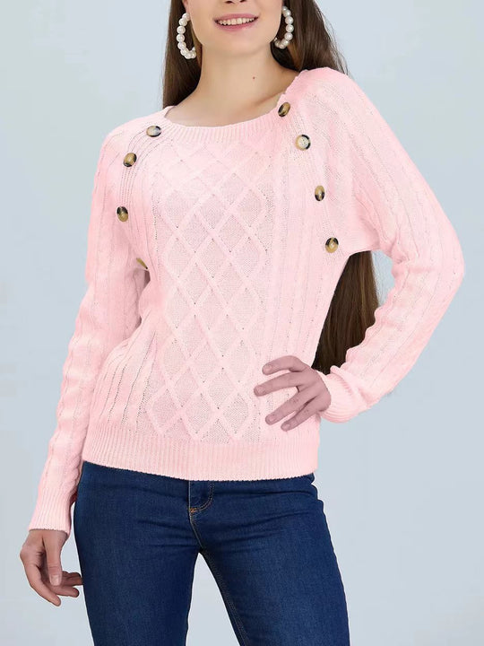 Damen Strickpullover mit klassischem Rautenmuster und dekorativen Knöpfen EB