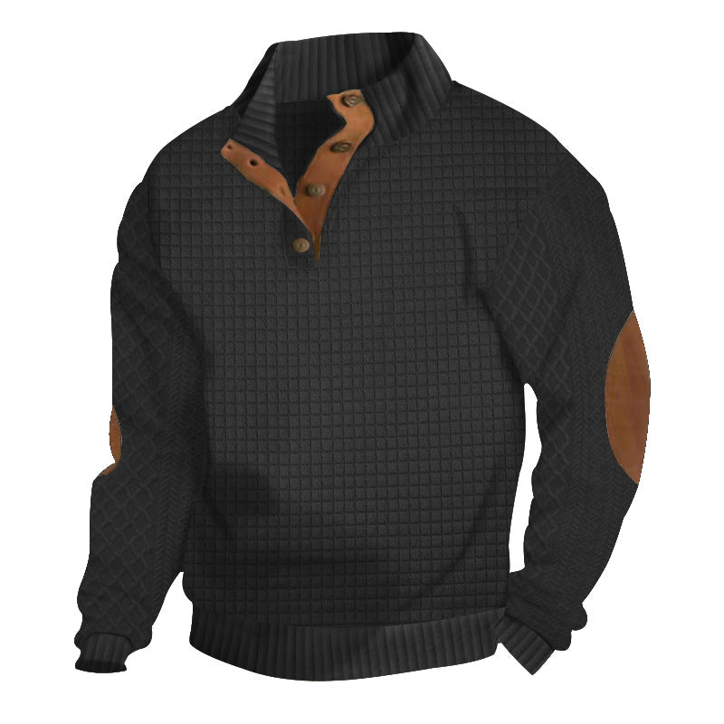 Herren nan Halbknopf-Stehkragenpullover mit Wabenstruktur und Lederbesatz EB
