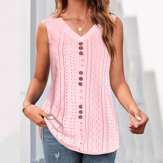 Damen V-Ausschnitt Blusentop mit Knopfleiste und filigranem Lochmuster Heidi-Mode